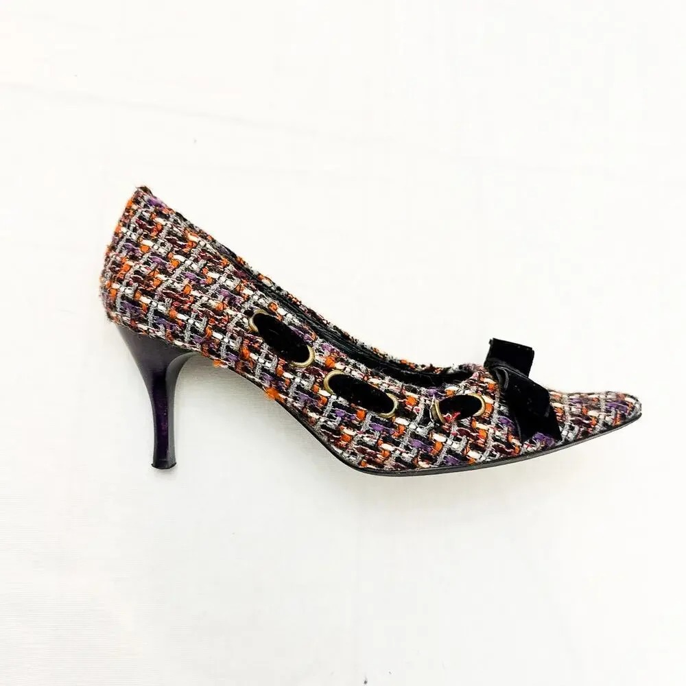 Richard Tyler Tweed Pointy Toe Kitten Heel Velvet Woven Textured Shoe Size 6.5